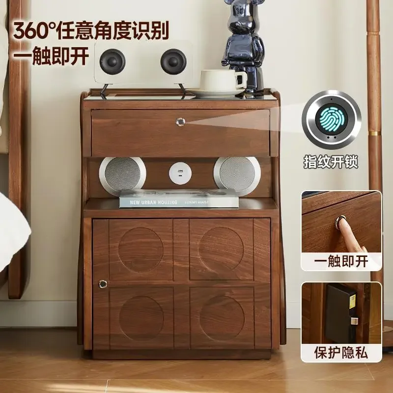 black walnut, bedside table, household bedroom bedside, smart locker, solid wood fingerprint lock, storage cabinet