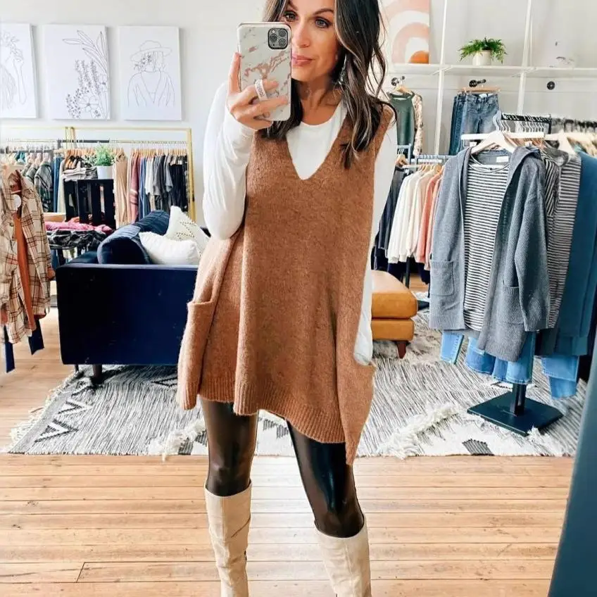 

Women's New Asia T Woolen Vest Skirt ket Mid-Length Svel Pure Color Knitwear Spring Season Faion Ladies' Vest