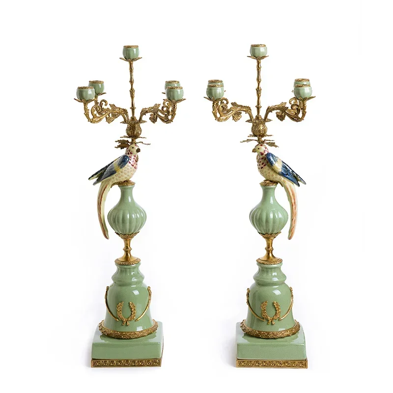 

European style luxury ceramic bird multi head brass candlestick holder for home wedding decoration