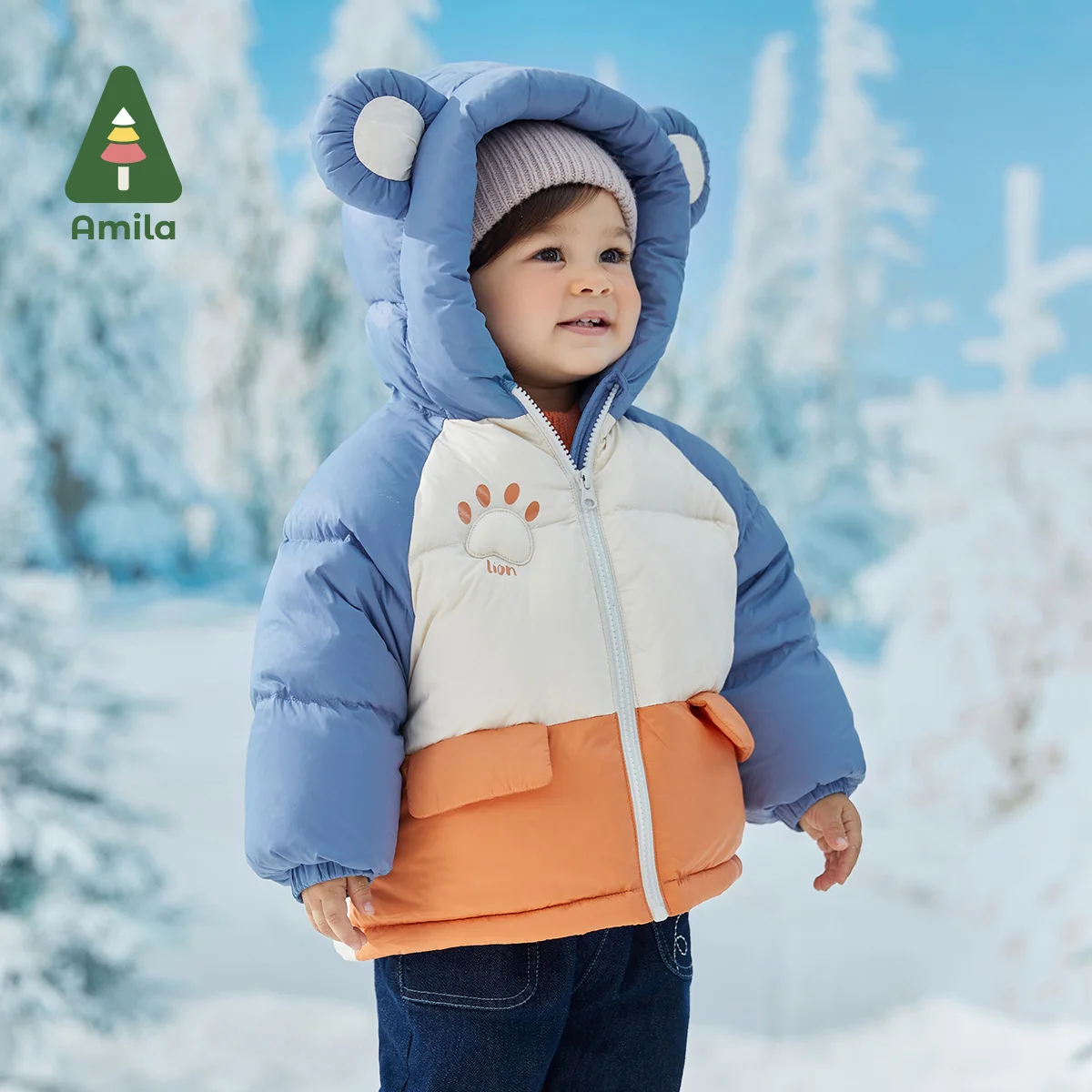 Amila Baby Down Jacket 2024 Winter New Medium Style Warm Boys and Girls Casual Jacket Zipper Hooded Costume 0-10℃