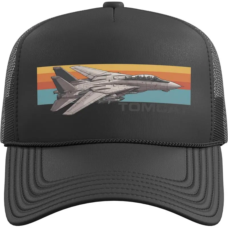 F-14 Tomcat Jet Retro Sunset Graphic Trucker Hat with Adjustable Mesh Back