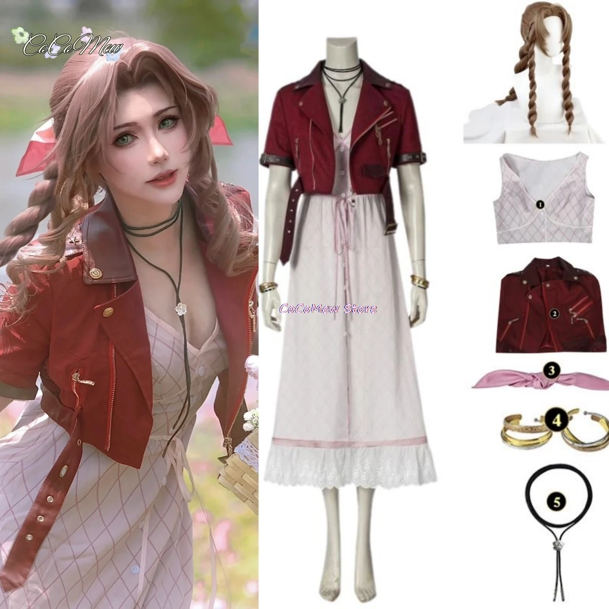 Game FF7 Adult Aerith Gainsborough Costume Cosplay Final Fantasy Remake Halloween Outfit Fancy Women Red Jacket Pink Dress