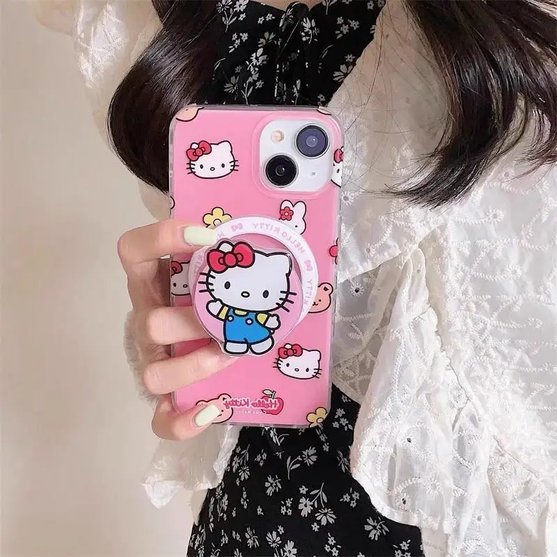 Cartoon Sanrio Hello Kitty Magnetic Holder Magsafe Wireless Charge Phone Case For IPhone 16 15 12 11 Pro Max 14 Plus 13 Mini Y2K