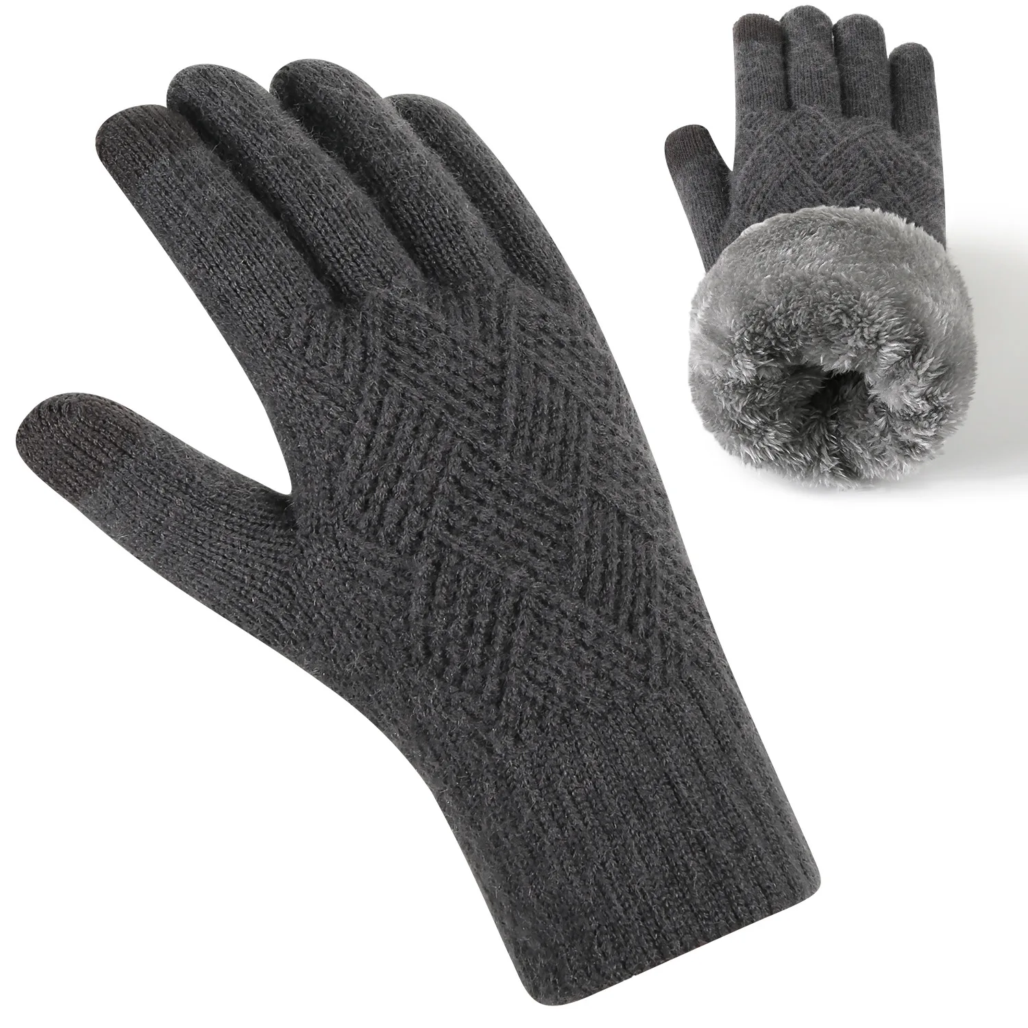 Men Winter Knit Gloves Double Layer Fleece Lined Touchscreen Thermal Warm Gloves for Outdoor Cycling Cold Protection