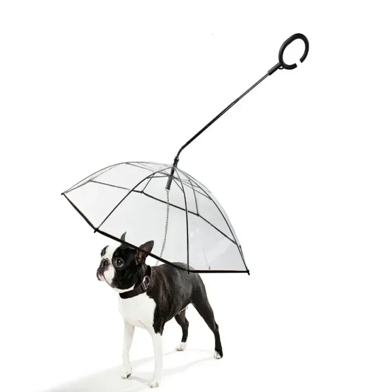 C-Shaped Telescopic Handle Transparent Pet Umbrella with Dog Leashes, Necklaces for Outdoor Rain Working, Newest