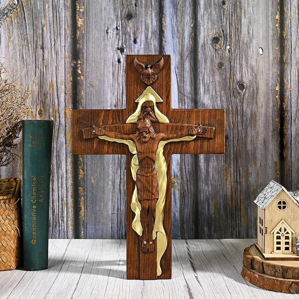 Holy Trinity Cross Wooden Wall Hanging, Baptism Jesus Christ Decoration, Holy Spirit, Catholic Religion