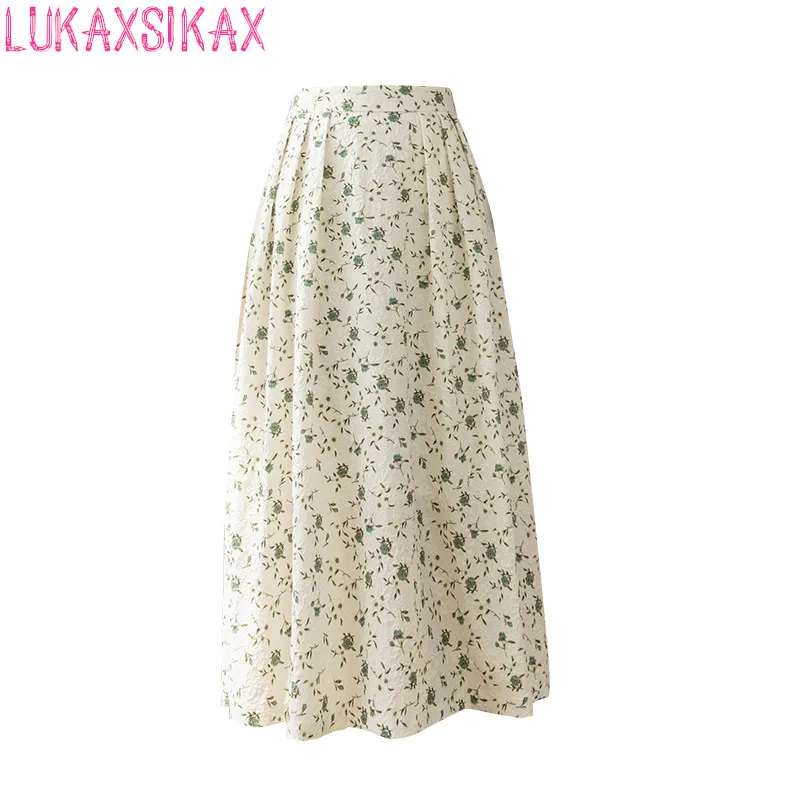 

LUKAXSIKAX 2022 New Spring Summer Women Elastic High Waist Slim Long Skirt Korean Fashion Floral Dots Jacquard Skirt