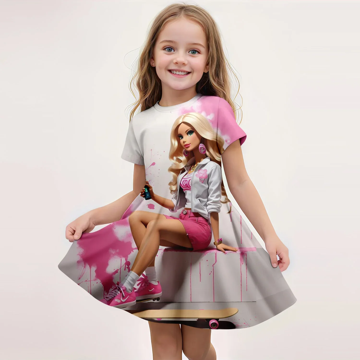 Hot Sale Kids Girl Cosplay Barbie Top 3d Princess Dress for 2-14 Years Girls Birthday Party Dresses Comfortable Short Sleeved