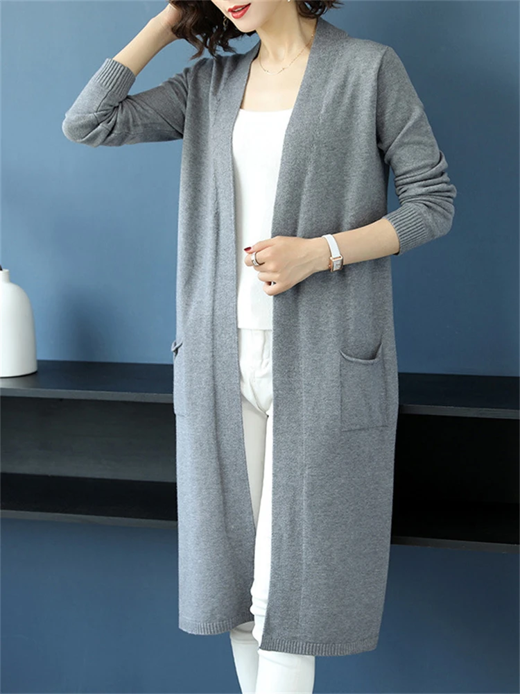 Oversized Casual Knitted Mid-length Cardigan Spring Fall Elegant Women Loose Knitwear Tops Korean Long Sleeve Sweater Coats