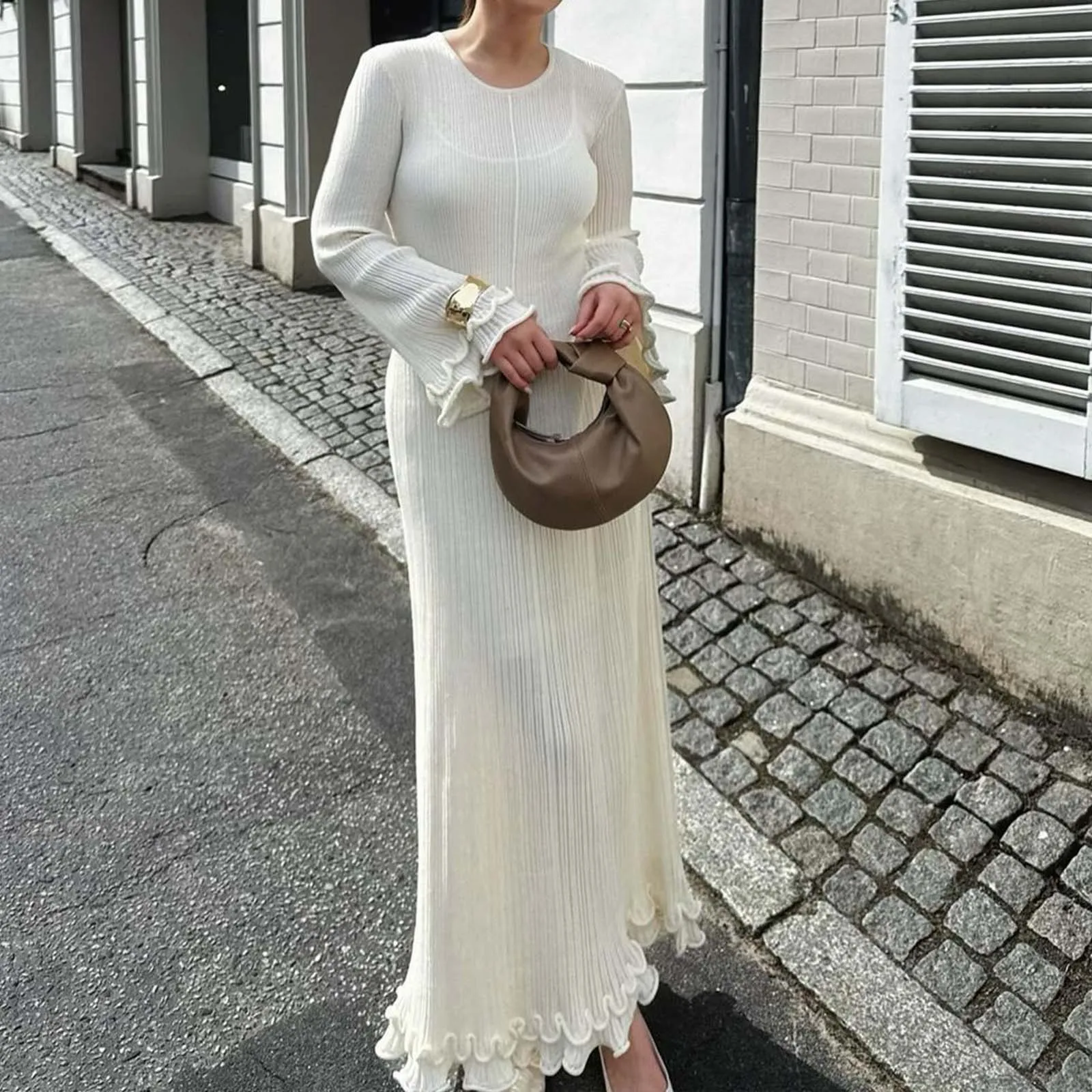 

Women Elegant Ruffle Hem Knit White Long Dress O-neck Flare Long Sleeve Backless Bandage Dresses 2024 New Evening Party Robes