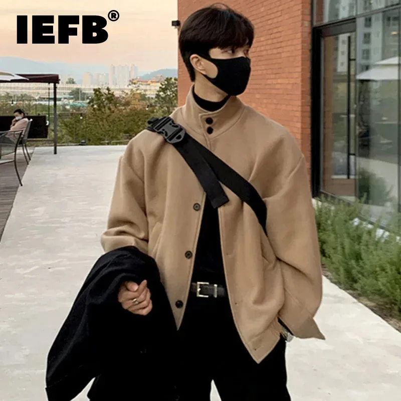 

IEFB Men's Woolen Jackets Casual Stand Collar Solid Color Simple Male Short Coats Korean Style Men Wear 2024 autumn New 9C4901