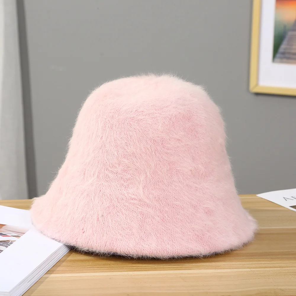 New Fashion Artificial Rabbit Fur Bucket Hat Women Autumn Winter Warm Thickened Fisherman Hat Panama Plush Basin Hat Lady Cap