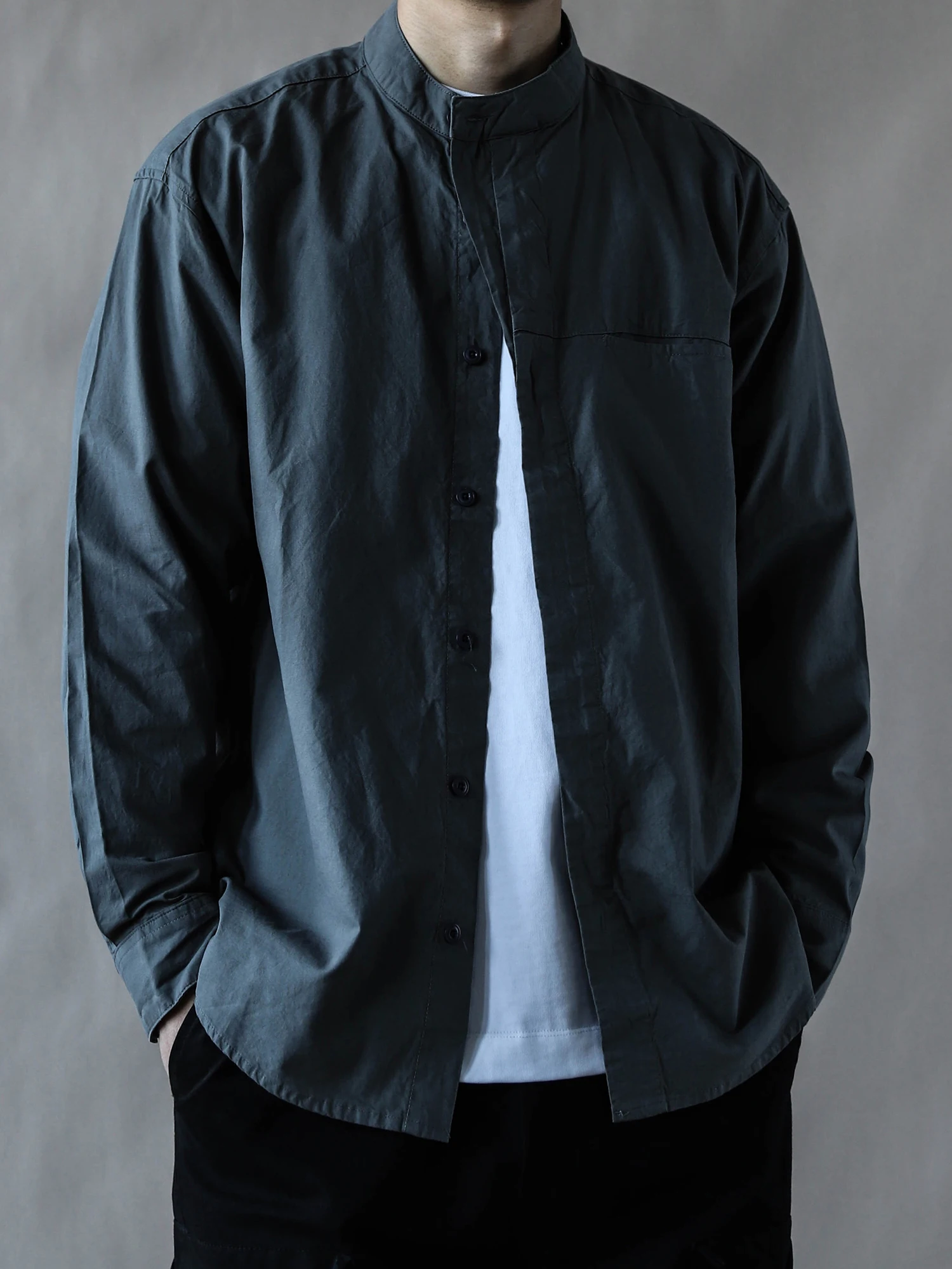 

Casual Cotton Men's irt Stand Collar Long Sve Loose Fit Spring Autumn ey Open Cardigan Versatile High-End Feeling Work...