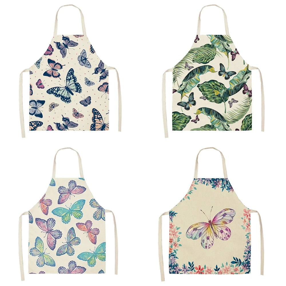 Butterfly Pattern Linen Hand Wipe Sleeveless Waist Apron Adult Children Home Decoration Apron Kitchen Cooking Accessories