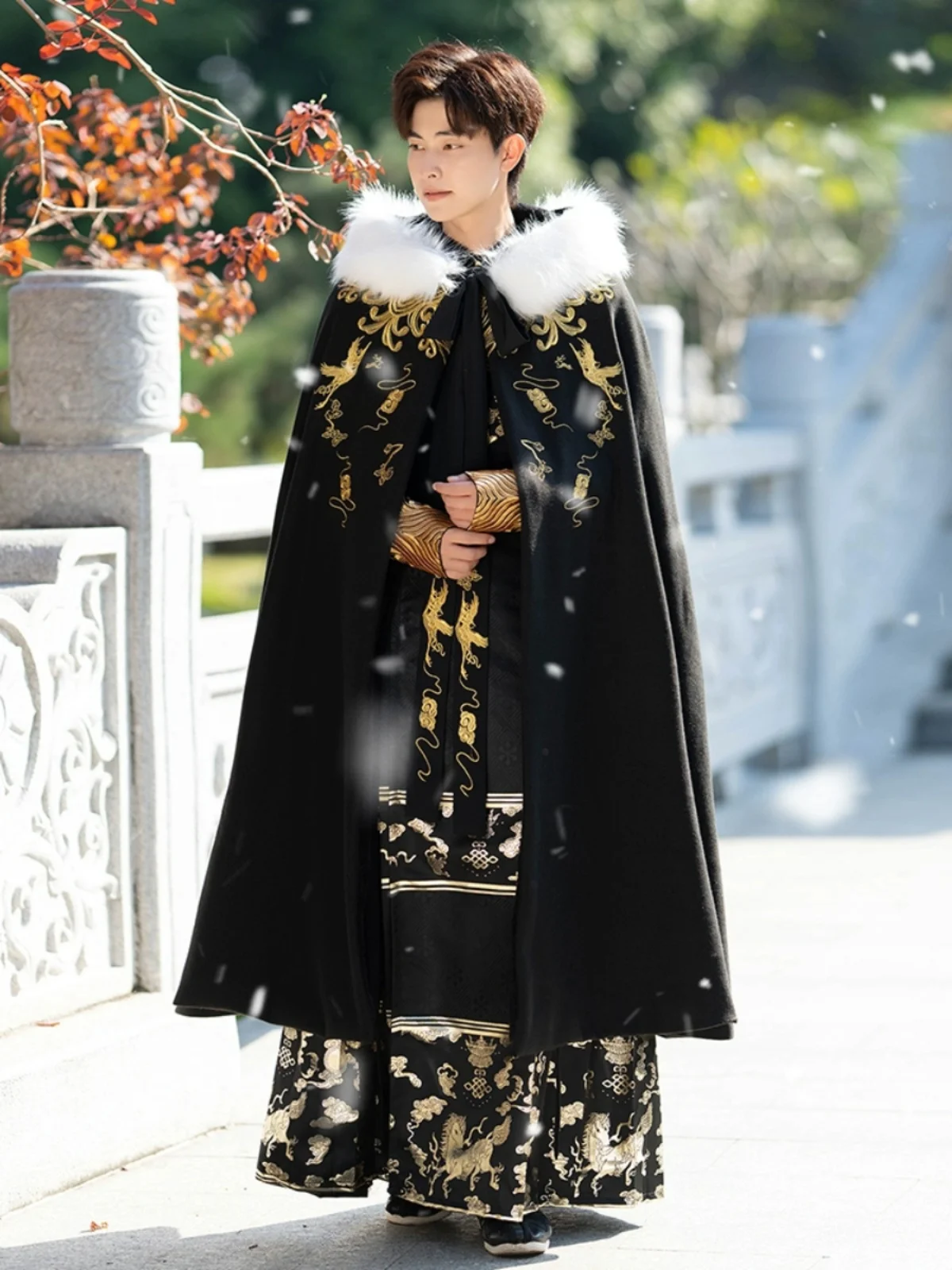 Men's Hanfu Chinese style horse skirt men's warm embroidered shirt winter with wool thickened cloak suit