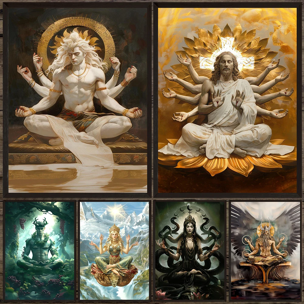 Meditando divinidad tántrica cuadro sobre lienzo para pared pagana, Dionysus, Zeus, Odin,Gaia, divinidad del caballito arte cartel impresión decoración del hogar sin marco