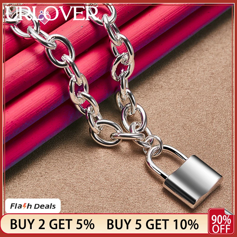 

URLOVER 925 Sterling Silver Lock Pendant Necklaces For Women 18 Inch Chain Engagement Wedding Christmas Fashion Charm Jewelry