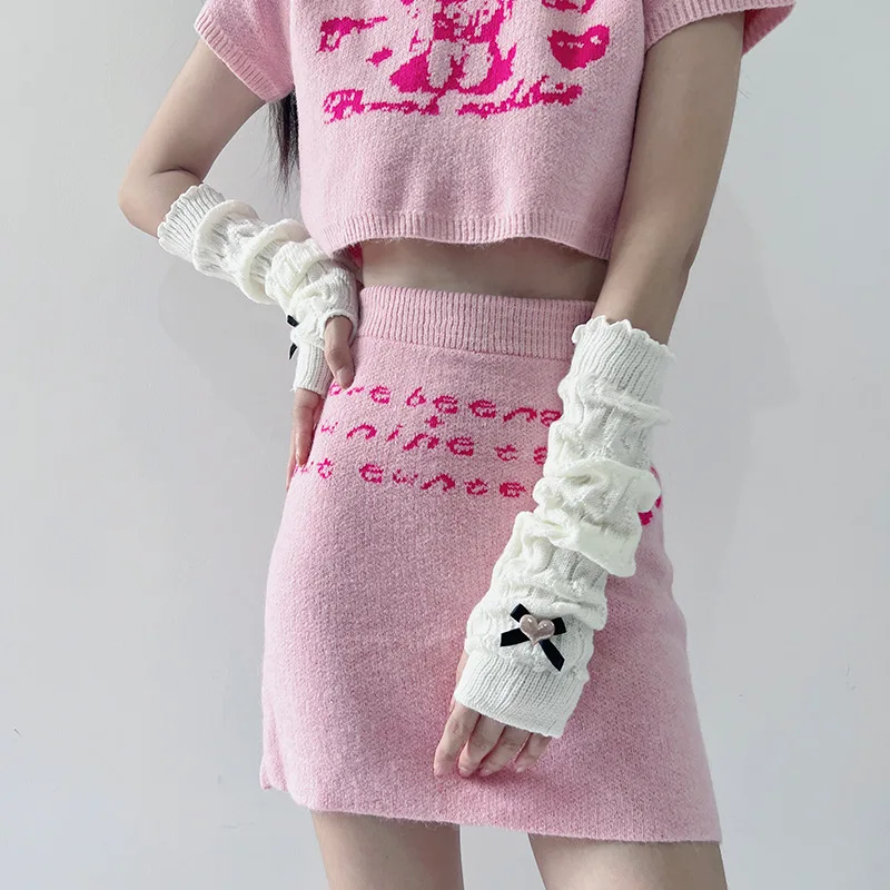 JK Girl Hand Sleeve Covers Japanese Style Cable Knitted Oversleeve Harajuku Streetwear Heart Decor Long Arm Warmers