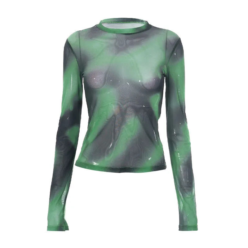 Europe and the United States wind new sweet cool gradient halo tie-dye mesh yarn one-shoulder Slim long-sleeved blouse female