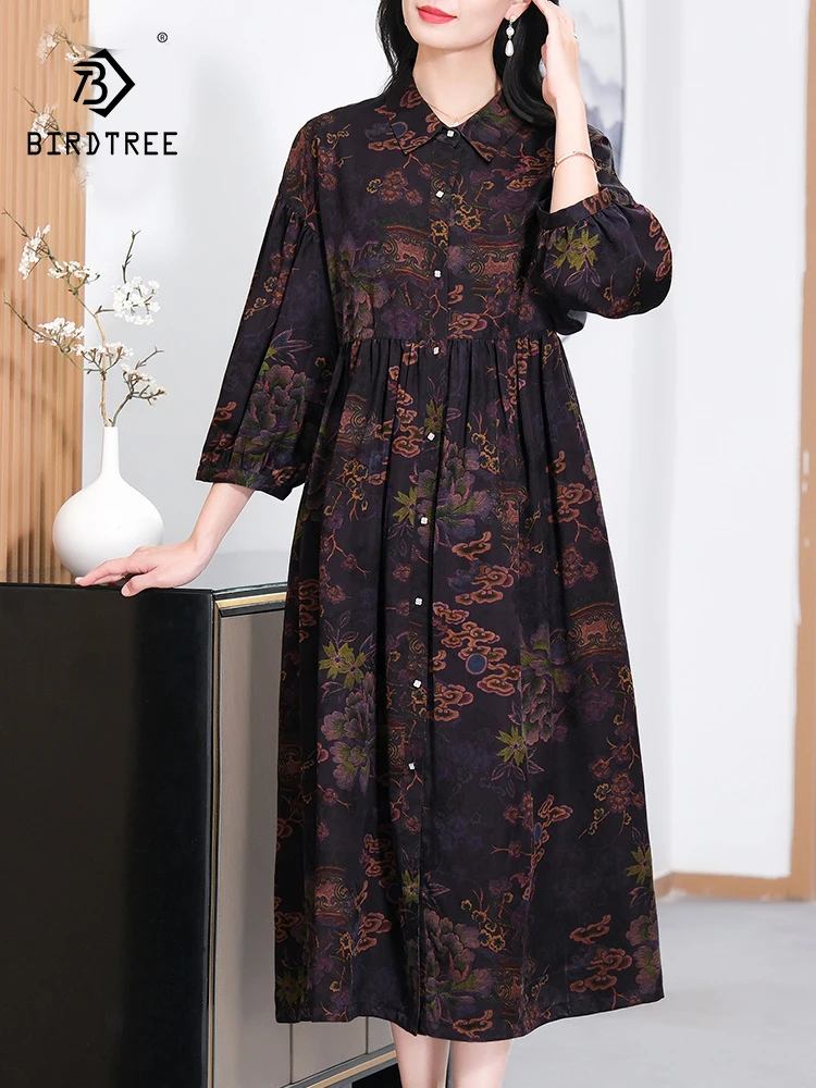 BirdTree 100%Real Silk XiangYunSha Elegant Dresses, Lapel Flower Print, Fashion Vintage Versatile Dress, 2024 Spring D42302QC