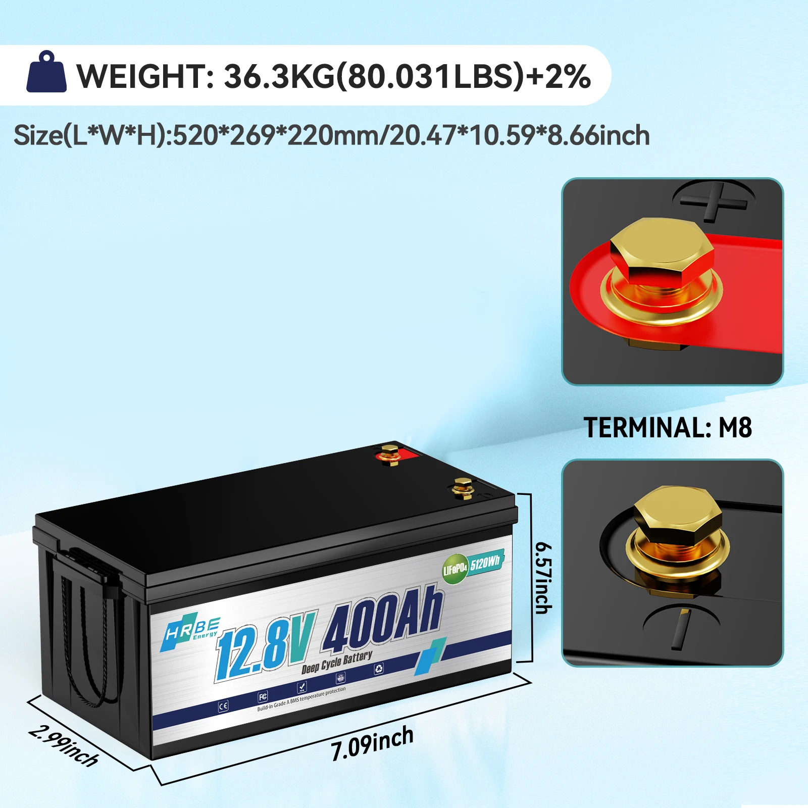 12 V 400 Ah LiFePO4-Lithiumbatterie, Zellen der Güteklasse A, 200 A BMS, max. 5120 Wh Energie mit Niedertemperaturabschaltung, für Wohnmobile, Solaren, Trolling-Motor – Detail 1