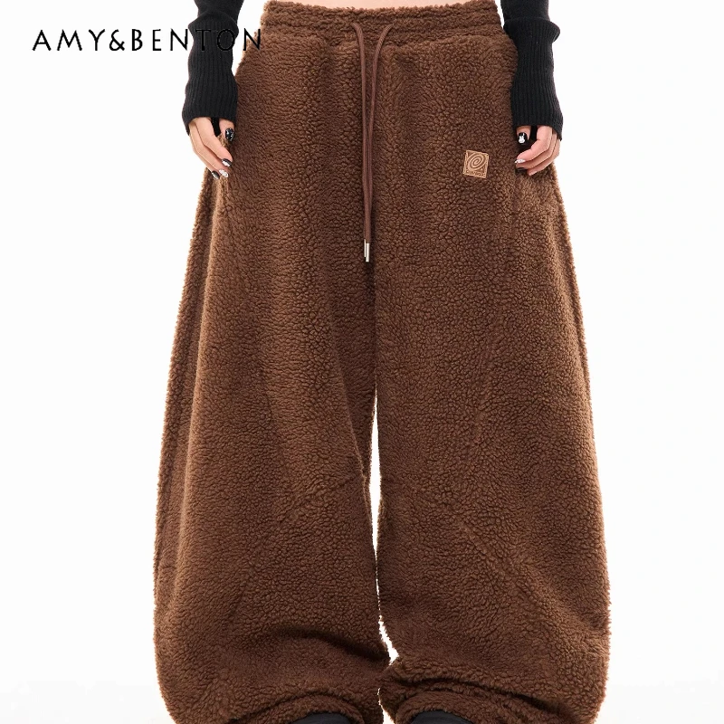 Winter New Lamb Wool Drawstring Women's Casual Pants American Retro Thickened Elastic Waist Loose Wide Leg Warm Trousers Ladies