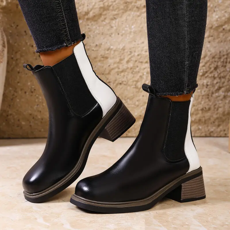 

Fashion Black White Patchwork Pu Leather Chelsea Boots 2025 Winter Thick High Heel Designer Ankle Boots Woman's Short Booties