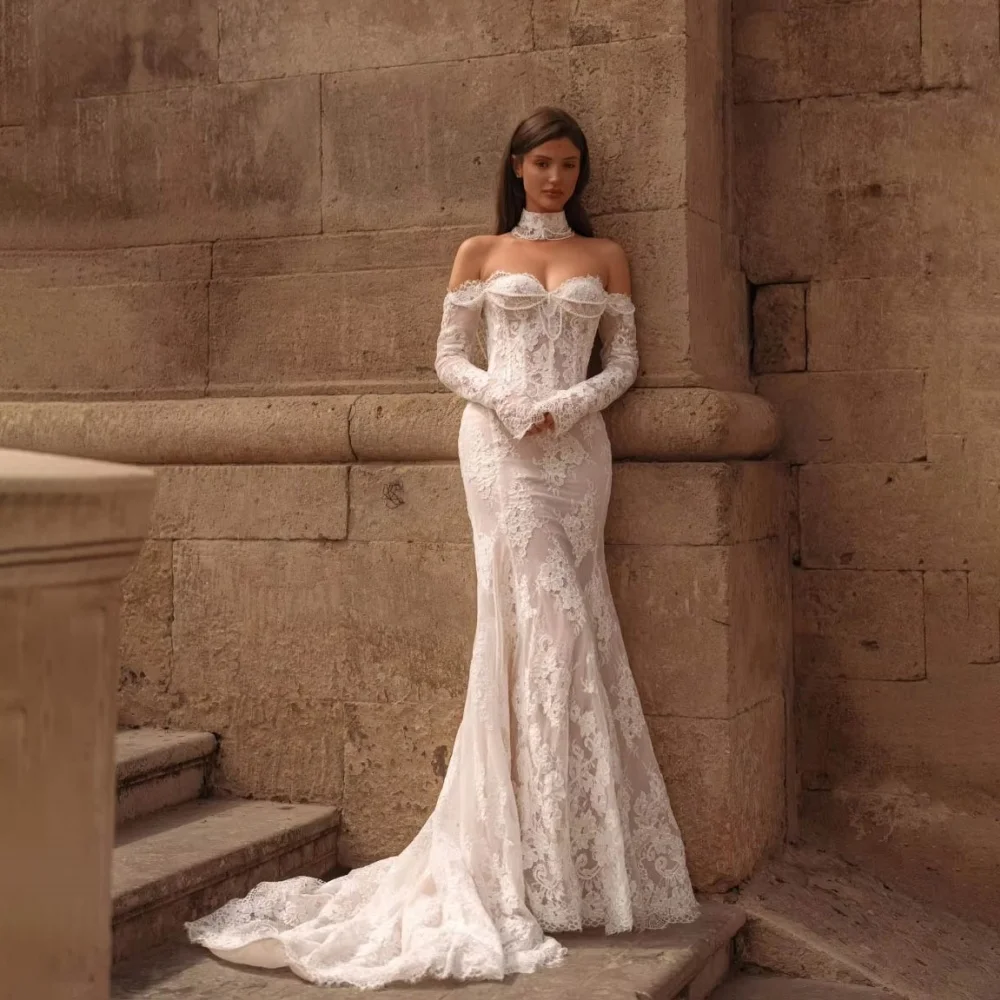 

Customized Button Wedding Dresses Sexy Three Quarter For Women Charming Simple Lace Applique Bridal Gowns Vestidos De Novia