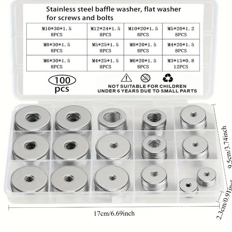 1 PC Stainless Steel Fender Washers Flat Washers for Screws and Bolts 100pcs Metal Washers Kit (12 Sizes M3-M12) Assorted Large