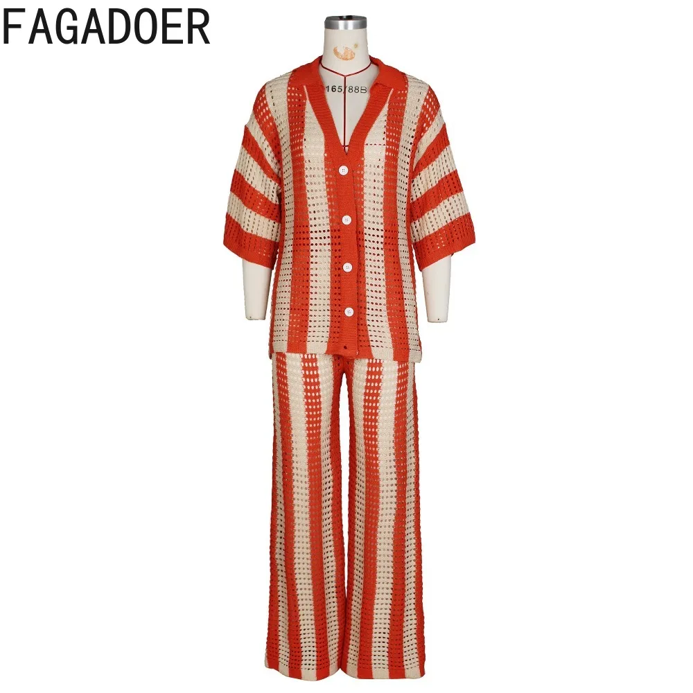 Fagadoer-conjunto de duas peças femininas, top com calça de perna larga, decote em v e botão, manga curta, com estampa às riscas, moda, 2024