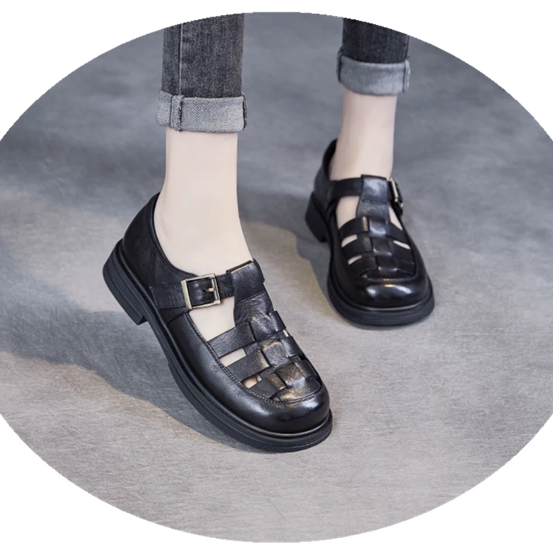 

Women's Comfortable Cow Leather Dressy Flat Sandals Elastic Closed Toe Walking Sandals for Summer Solid Black Mary Jane Shoes