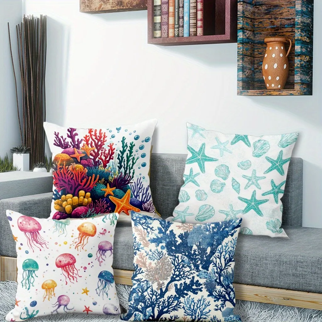 Seafloor Wonders: Jellyfish & Starfish Pillow Covers Pattern Cushion Cover Suitable For Sofa Bedroom Car Pillow Cover