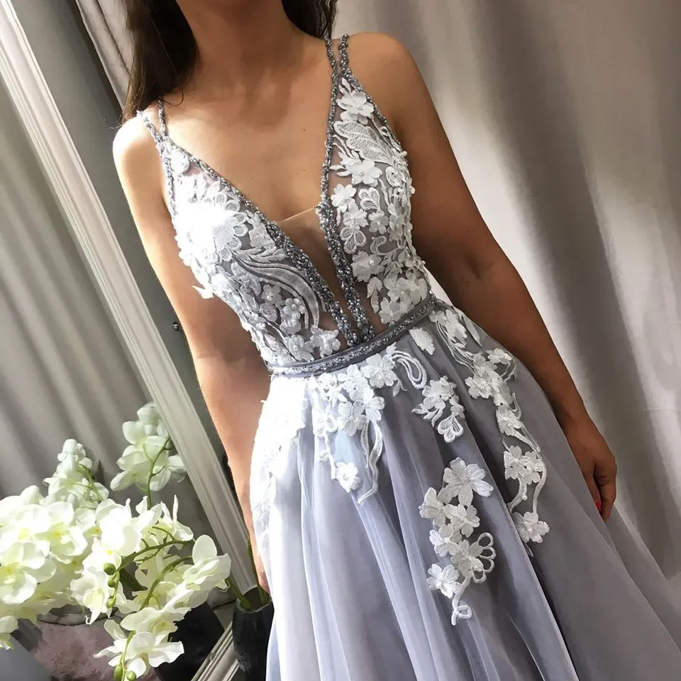 Simple V-Neck Ankle-Length Prom Dress Open Back Sexy Sleeveless Lace Decal A-Line Evening Dress Vestido De Festia Customized