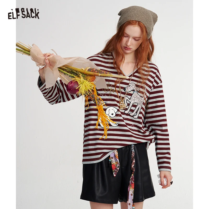 ELFSACK Women's Cute Striped Long Sleeve T-Shirt with Puppy Graphic Print, Casual Loose Cartoon Top for Everyday Wear