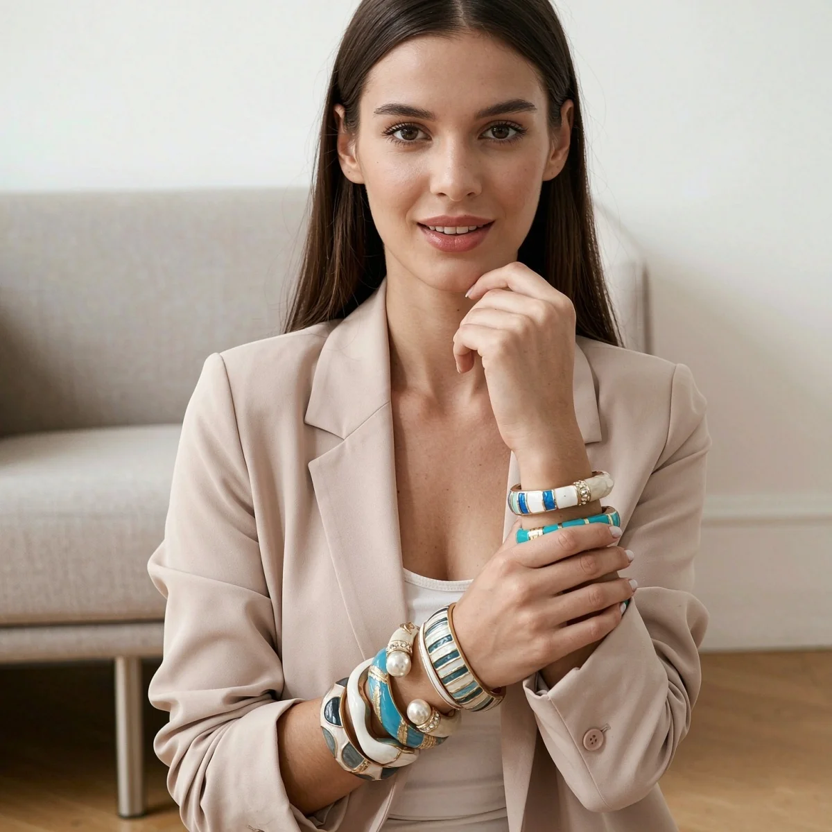 Trendige blau-weiße Emaille-Manschettenarmbänder für Damen und Herren, Vintage, unregelmäßige Streifen, stapelbarer Armreif, Partyschmuck – Detail 4