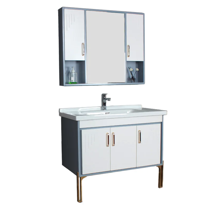 

Simple ceramic integrated basin household solid wood bathroom cabinet combined bathroom washstand