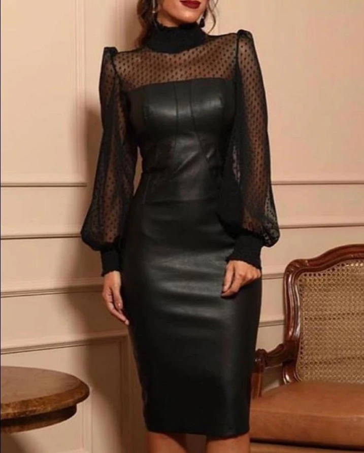 

Elegant and Pretty Women's Dresses 2023 Autumn New Fashion Sexy Faux Leather Dot Mesh Puff Lantern Sleeve Party Female Dress