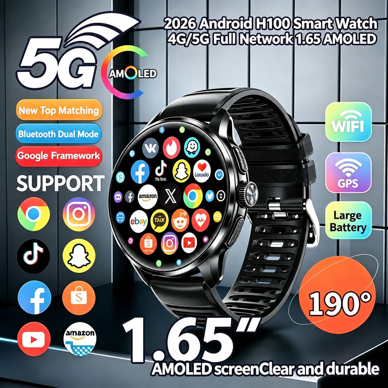 Original H100 Android Smart Watch 4G/5G Network 1.65‘‘AMOLED 190°Rotating Camera Google Play WiFi GPS App Download Smartwatch