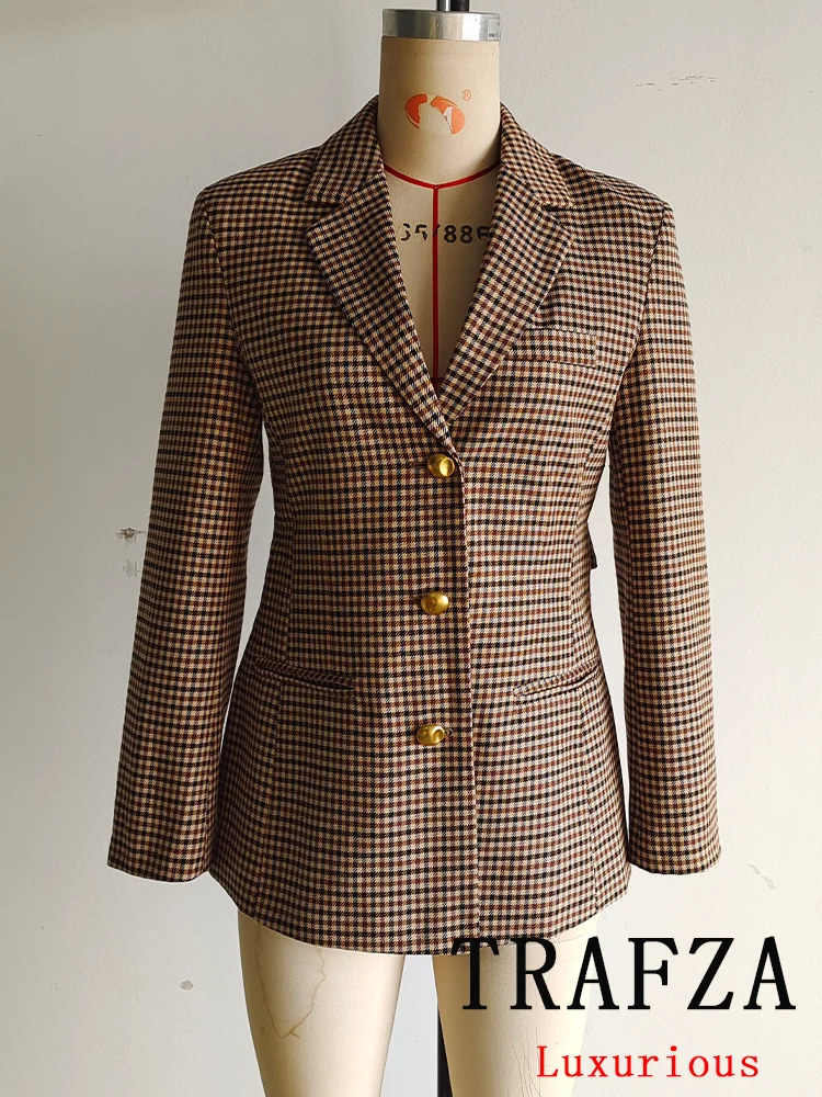 TRAFZA 빈티지 세련된 여성 블레이저 Houndstooth 싱글 브레스트 슬림 긴 소매 블레이저 패션 2025 봄 Office Lady Blazers