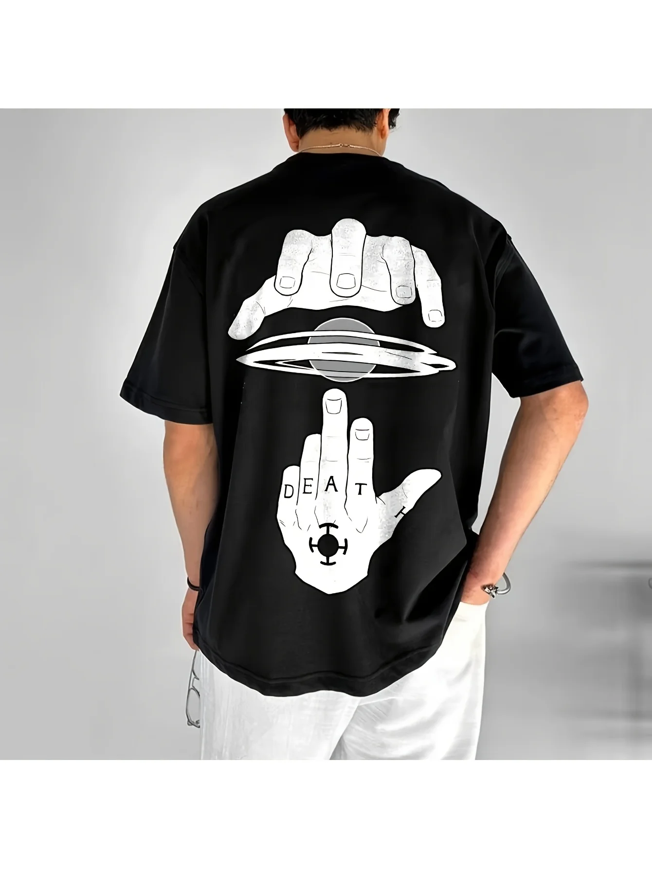 Men's 100% Cotton Loose-fitting T-shirt with Saturn Print, Street Style, Short Sleeve, Round Neck, Casual Summer New Design