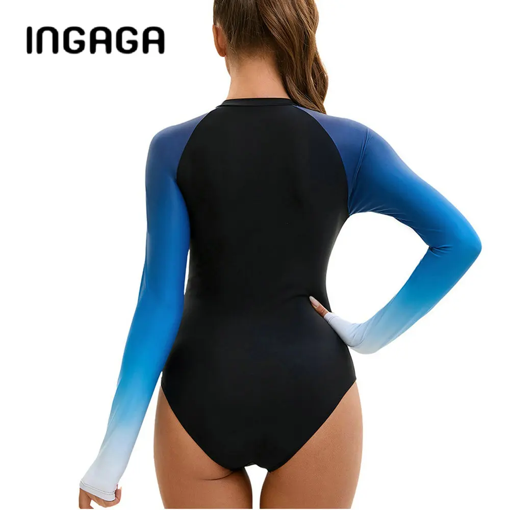 INGAGA  Long Sleeve Swimwear Rash Guard UV Protection Zipper Surfing One Piece Swimsuit Shirts for Women