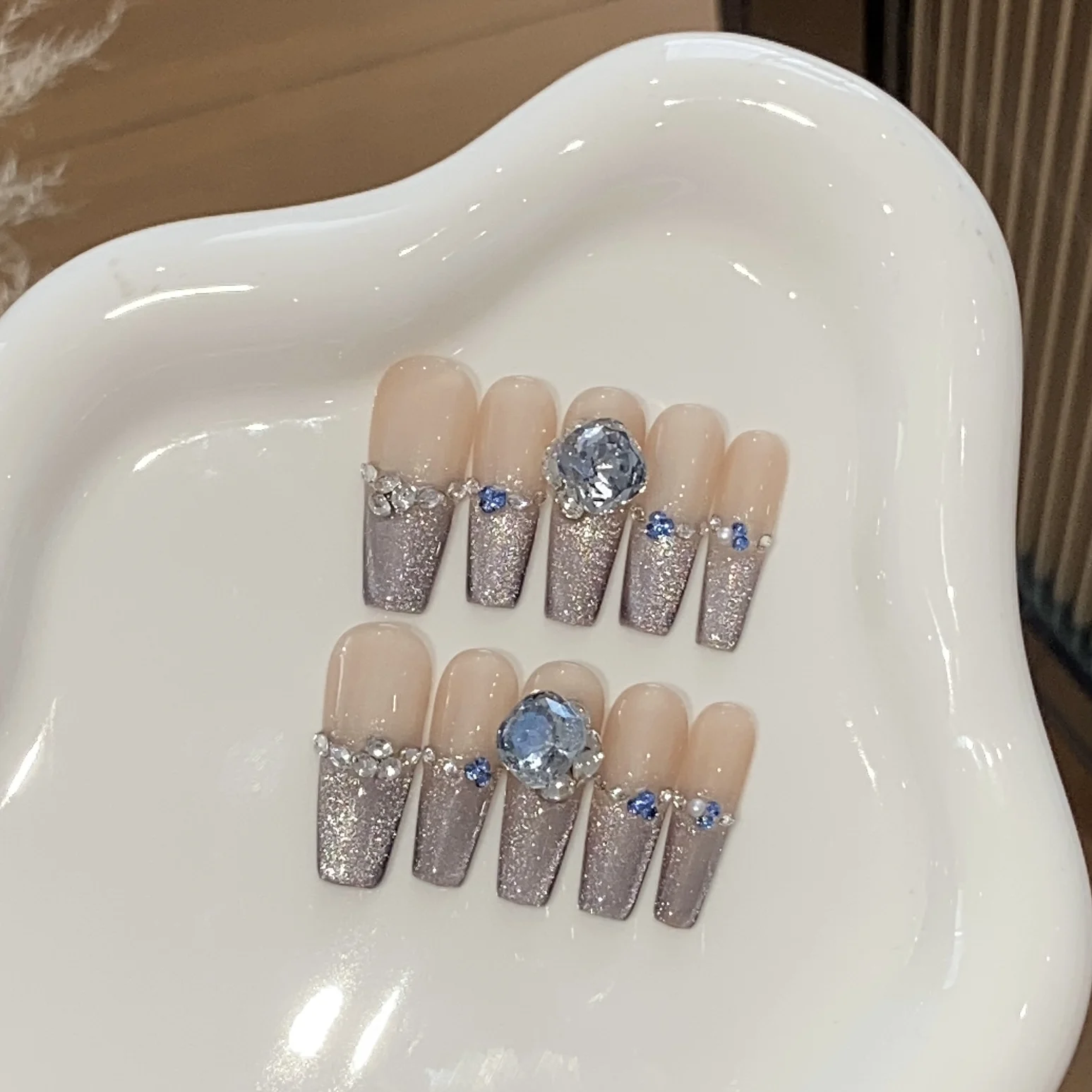 

10Pcs Full Handmade Long Square Shiny Sequins Fake Nails Purple French Cat Eye Nails Press On Diamond Wearable Reusable Stickers