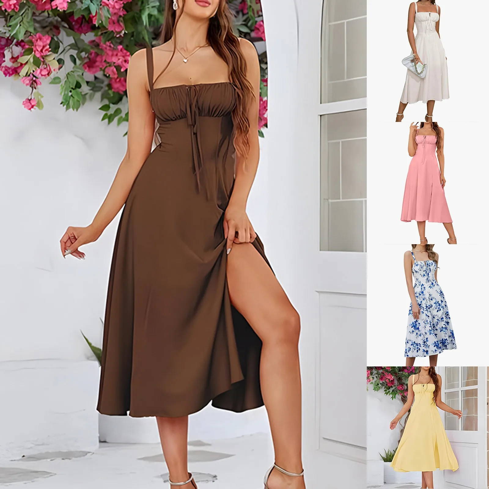 Women Summer Boho Spaghetti Straps Split Thigh Midi Dress Tie Front Solid Floral Print Sleeveless Vintage A Line Beach Dresses