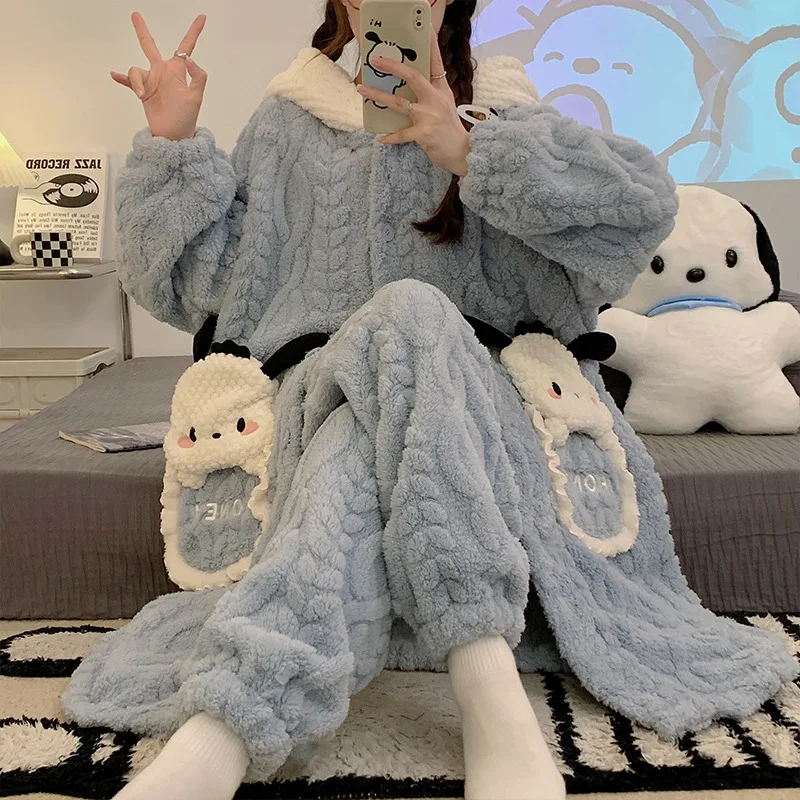 Hot Sanrio Girl Winter Flannel Thickening Hooded Robe Trousers Suit Kawaii Pochacco Comic Go Out Keep Warm Pajamas Leisure Wear