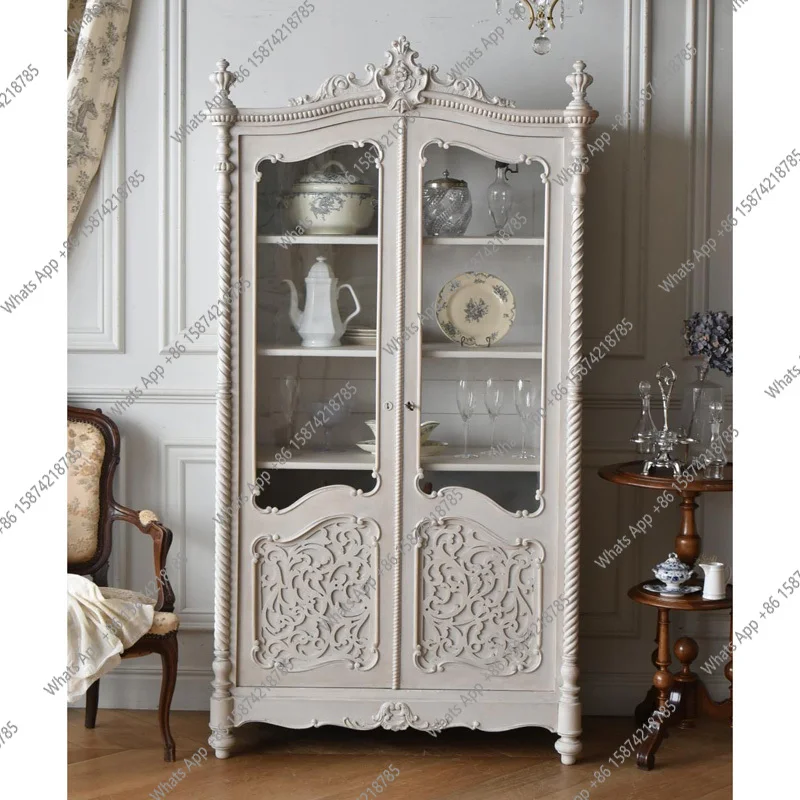 

French retro old dining side cabinet European solid wood carving flower wine cabinet glass door display storage bookcase