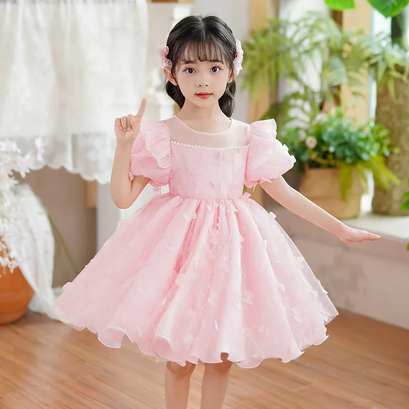 

AmyStylish 4-12 Years Little Girls Puff Sleeves Floral Print Bowknot Birthday Party Pageant Formal Dress