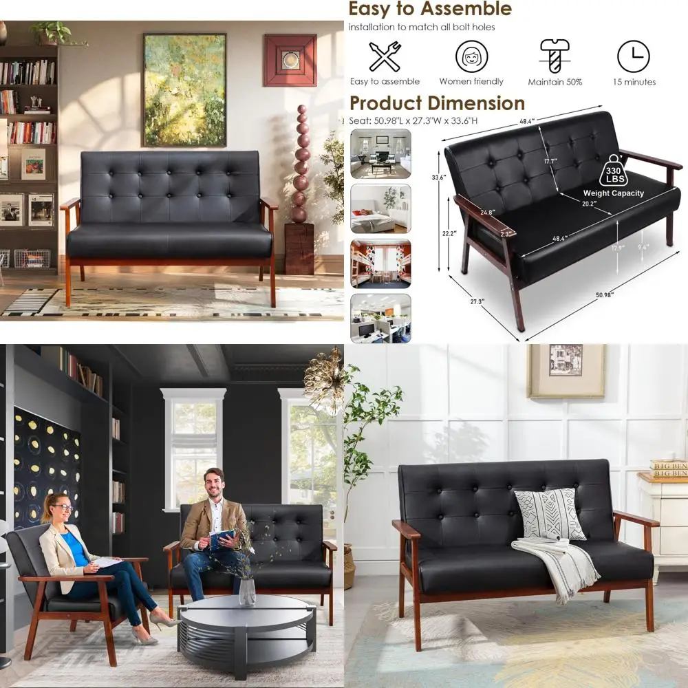 

compact black leather couch for office, two-person booth seating, modern mid-century loveseat sofa with wooden frame