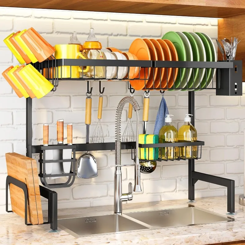 Over The Sink Dish Drainer Drying Rack - Expandable (26.8" to 34.6" W) Large Metal Dish Rack for Kitchen Counter, Kitchen