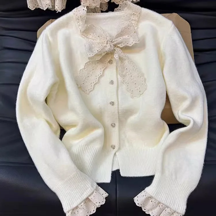 Frauen Stricken Jumper Feste Beiläufige O Neck Bogen Spitze Strickjacke Pullover Einreiher Dicken Pullover Dame Süße Herbst Winter