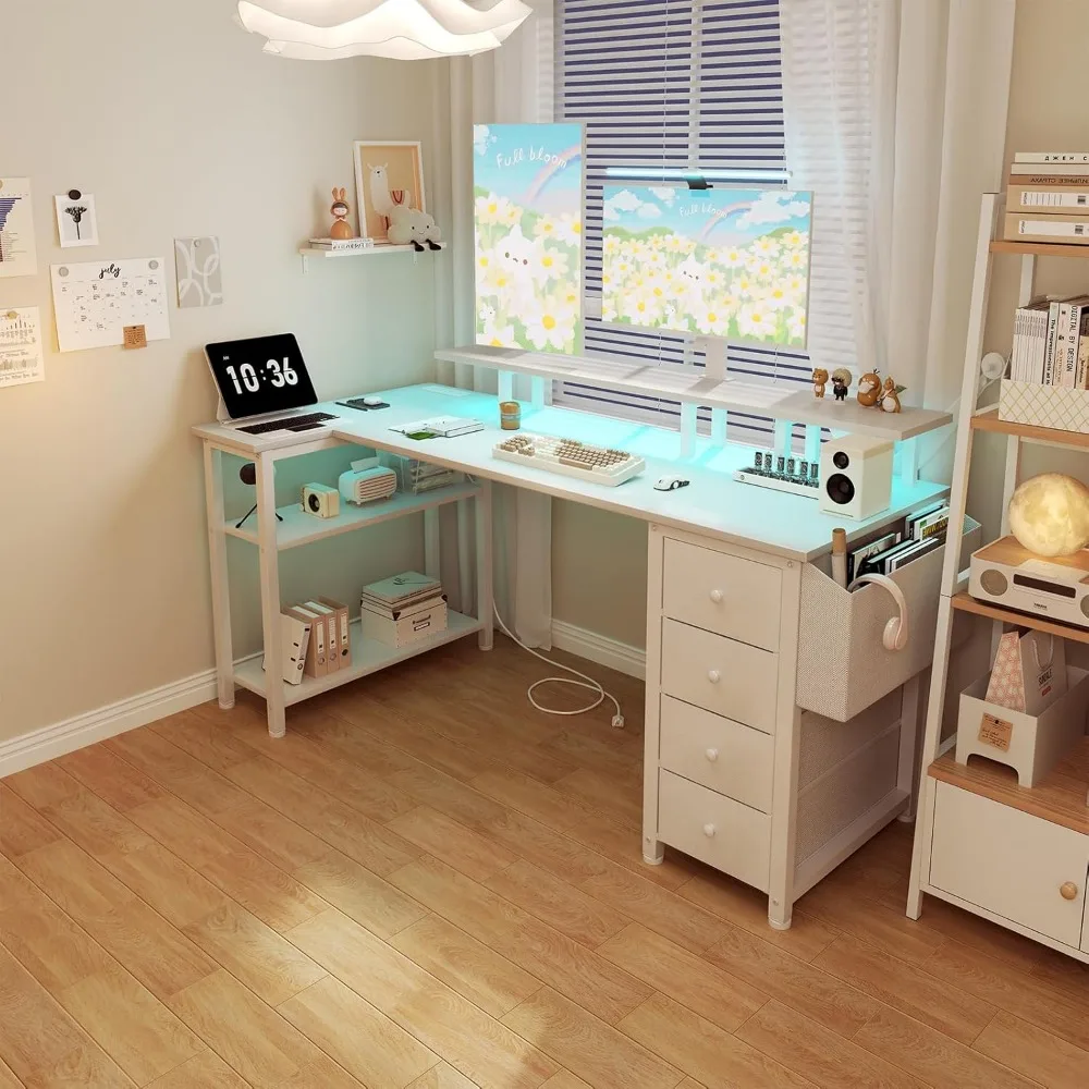 Escritorio esquinero de 55 pulgadas con cajones de tela, escritorio de oficina en casa con soporte para monitor y estantes